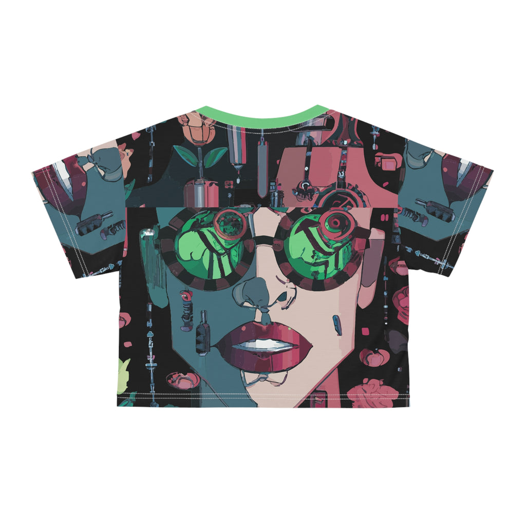 Retro Cyberpunk Crop Tee — Neon Sunglasses Portrait All-Over Print