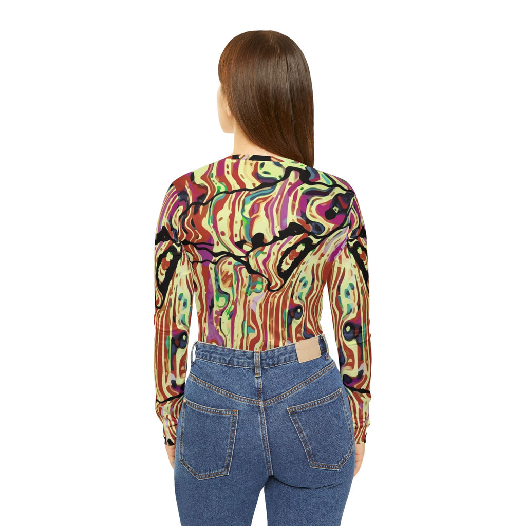 Women's long-sleeve top back view with colorful abstract swirl pattern
