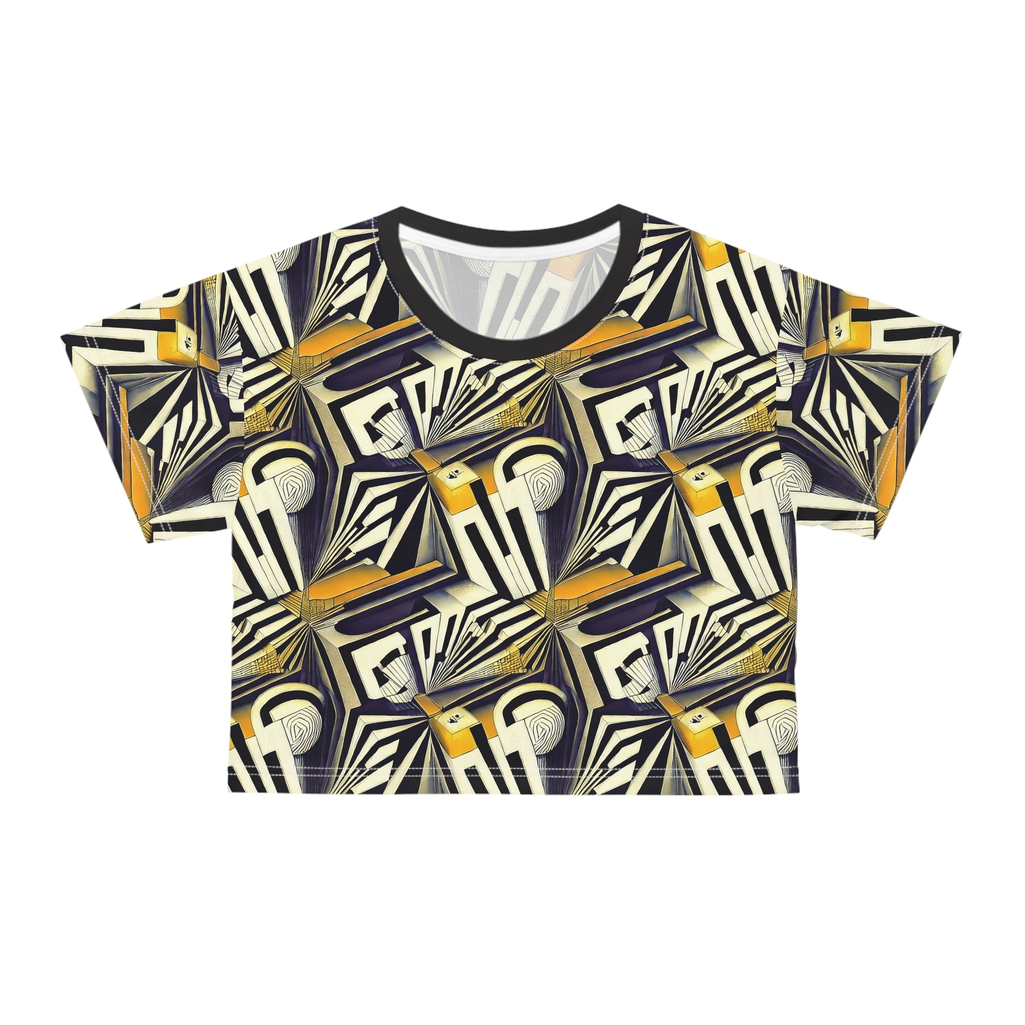 Art Deco Geometric Crop Tee — Vintage Jazz Pattern AOP