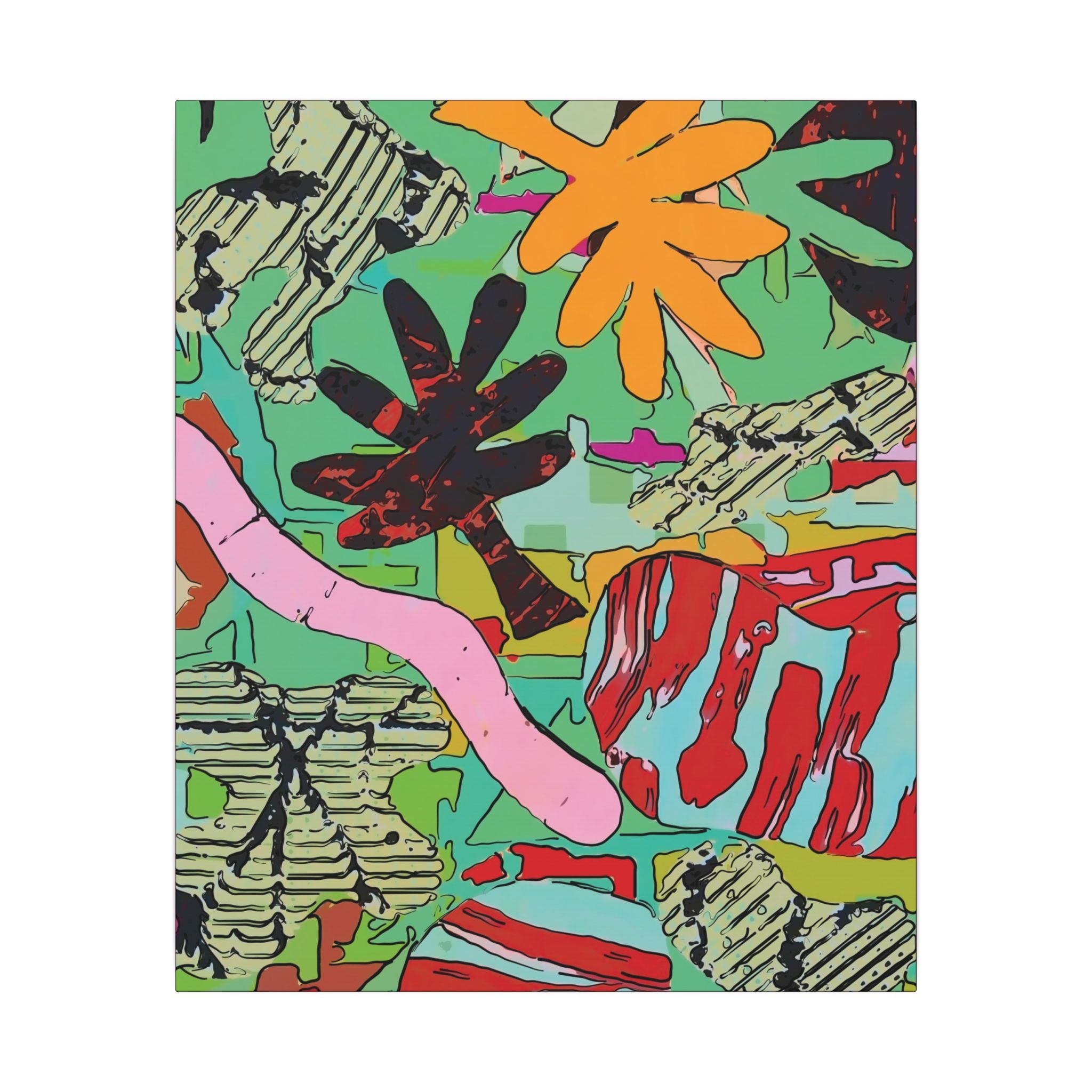 Close view of colorful tropical canvas print with orange blossom, red highlights, and black outlines
