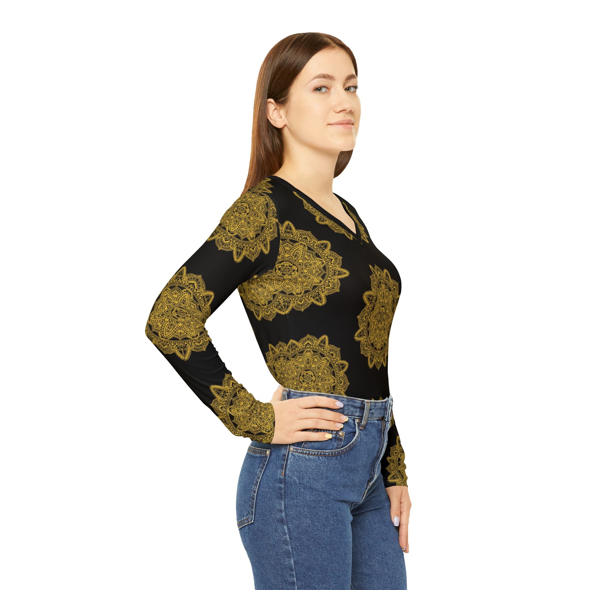 Women's v-neck long-sleeve shirt close-up, black with gold mandala print sleeves