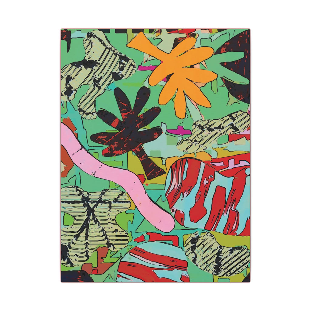 Close-up square botanical abstract canvas print with orange flower, green background, and pink lines