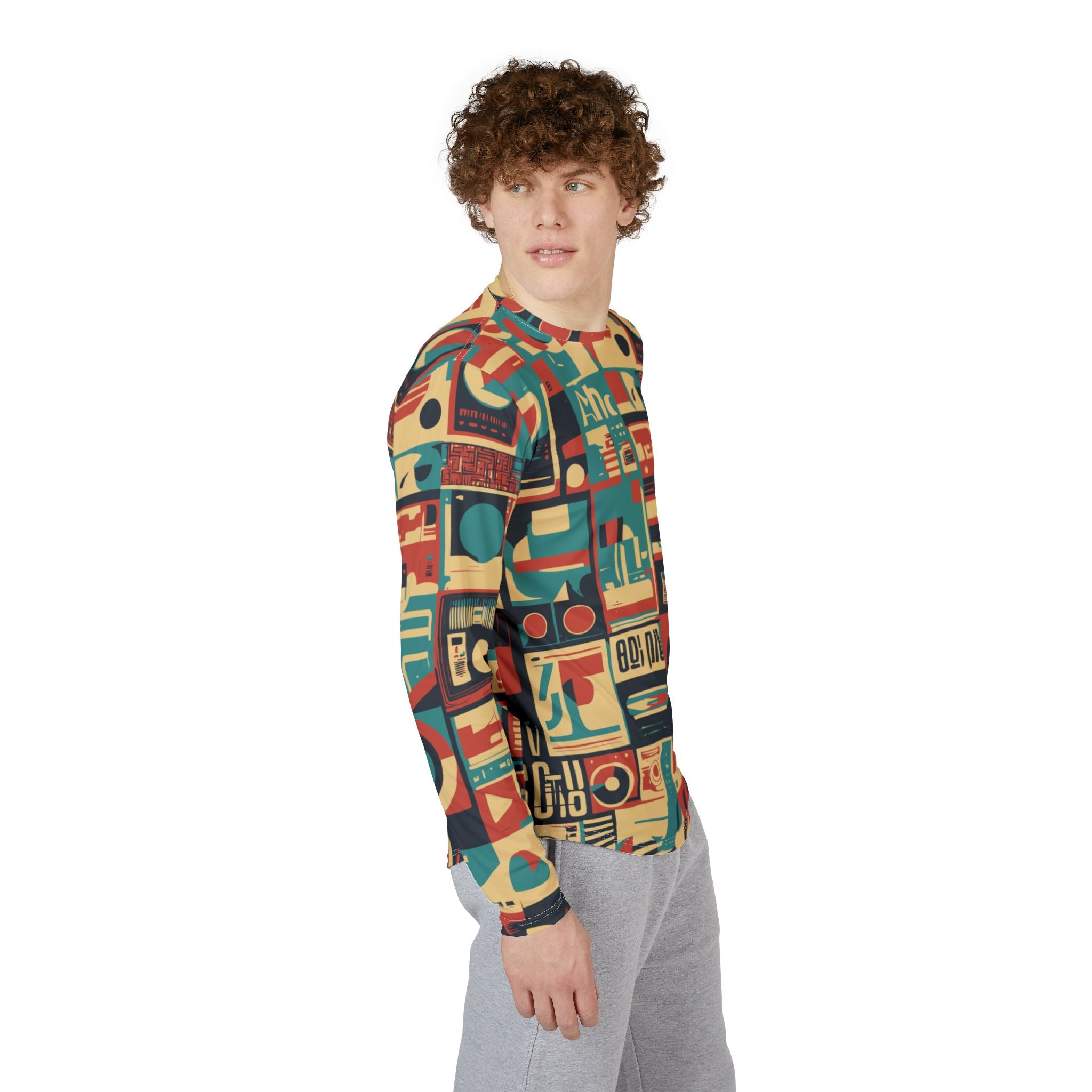 Men's long-sleeve crewneck shirt in profile view, colorful retro audio graphic pattern