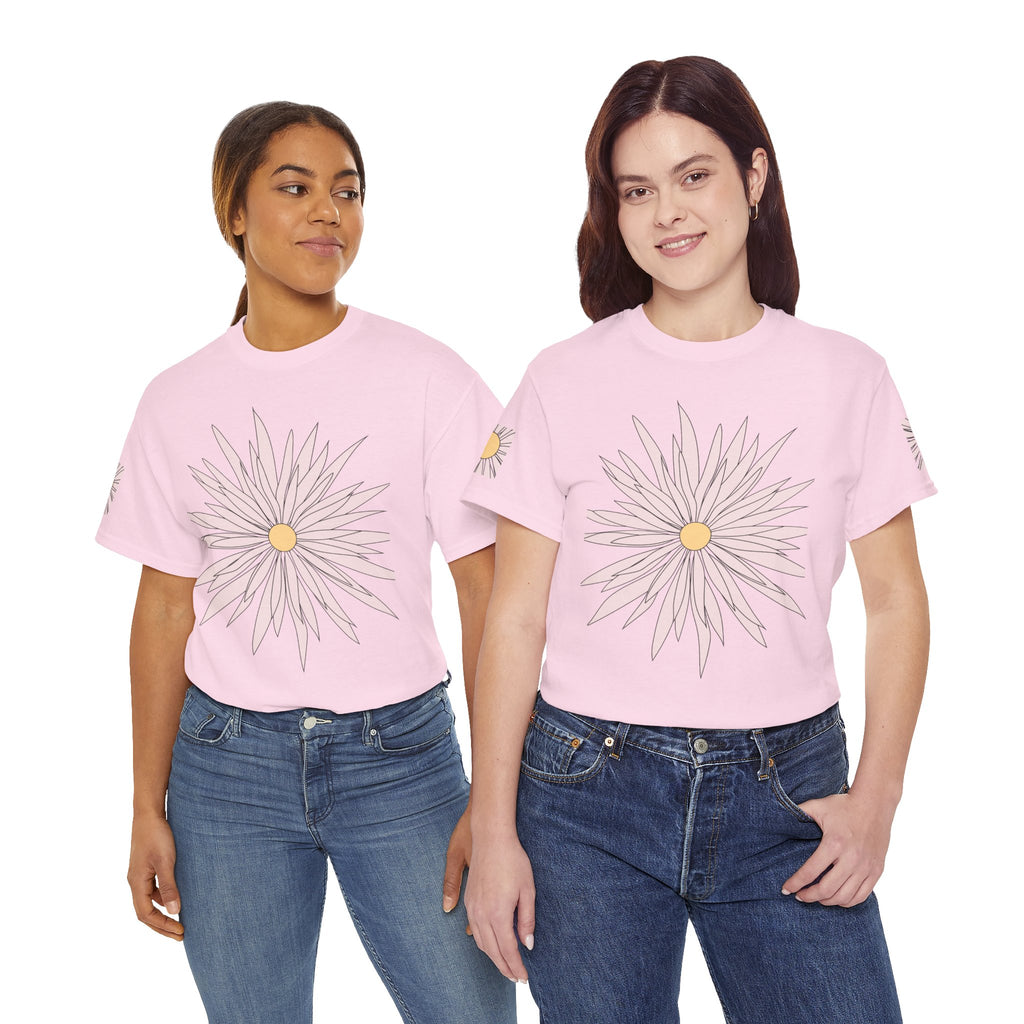 Light pink graphic tee with daisy flower print, shown on two people with jeans