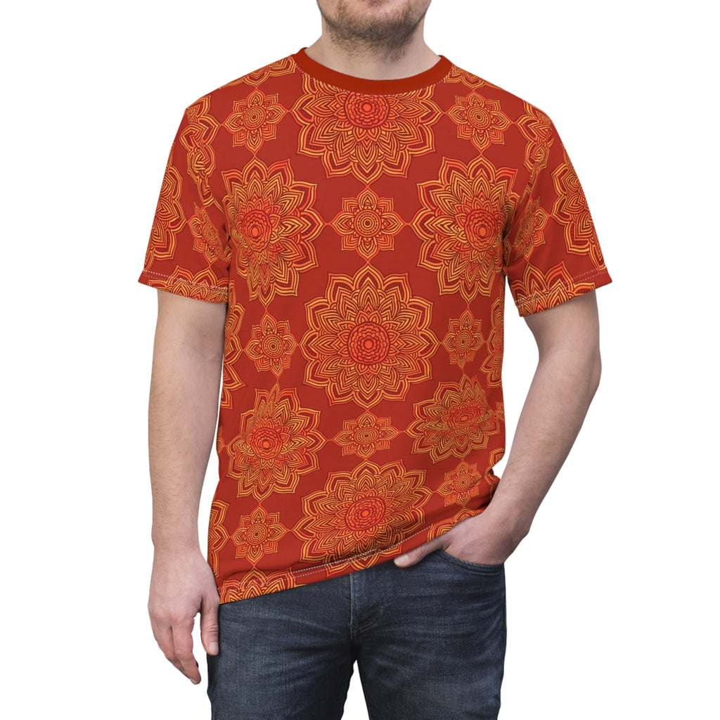 Mandala Floral All-Over Print Tee — Boho Red Orange Pattern
