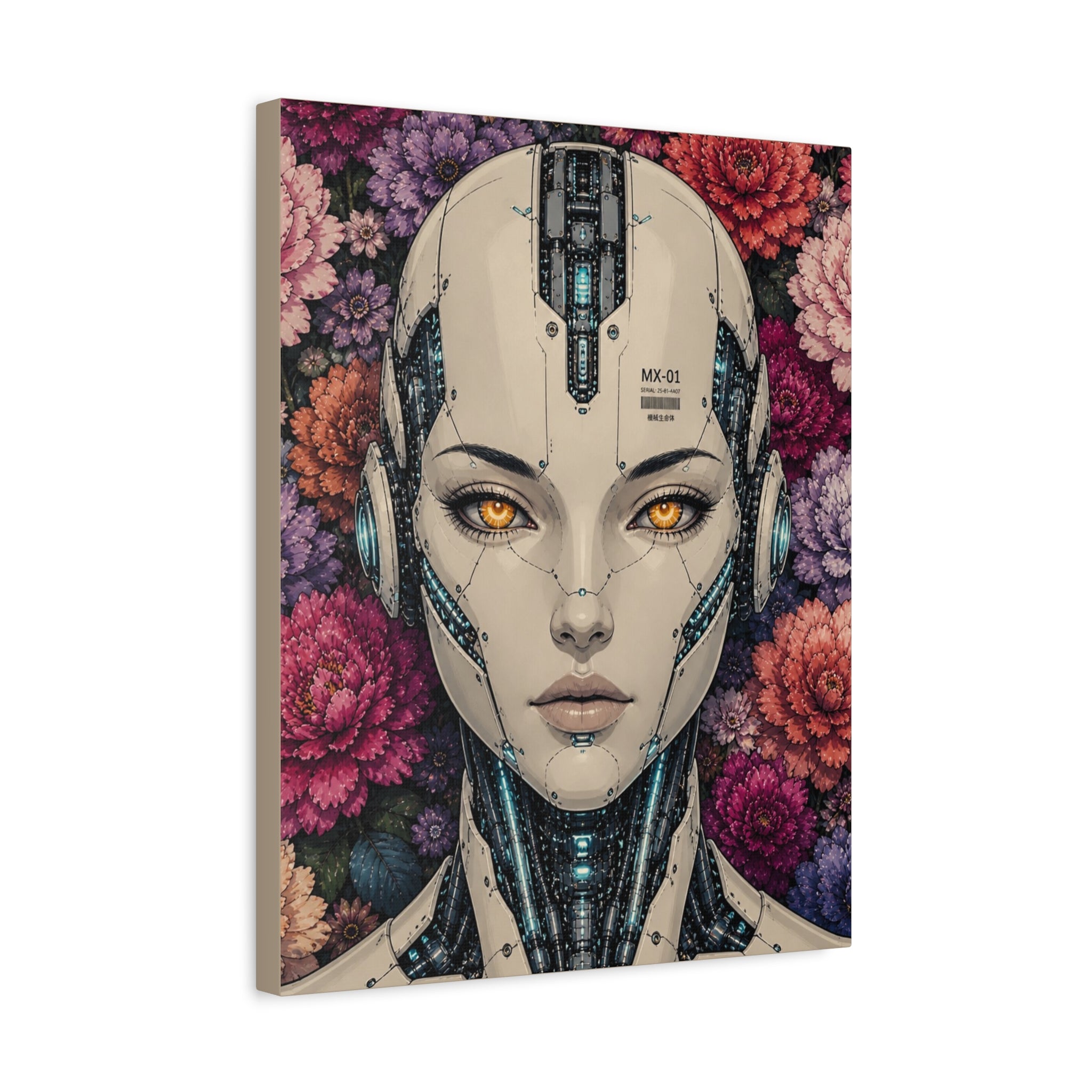 Futuristic android female portrait canvas print with floral frame and glowing blue tech details