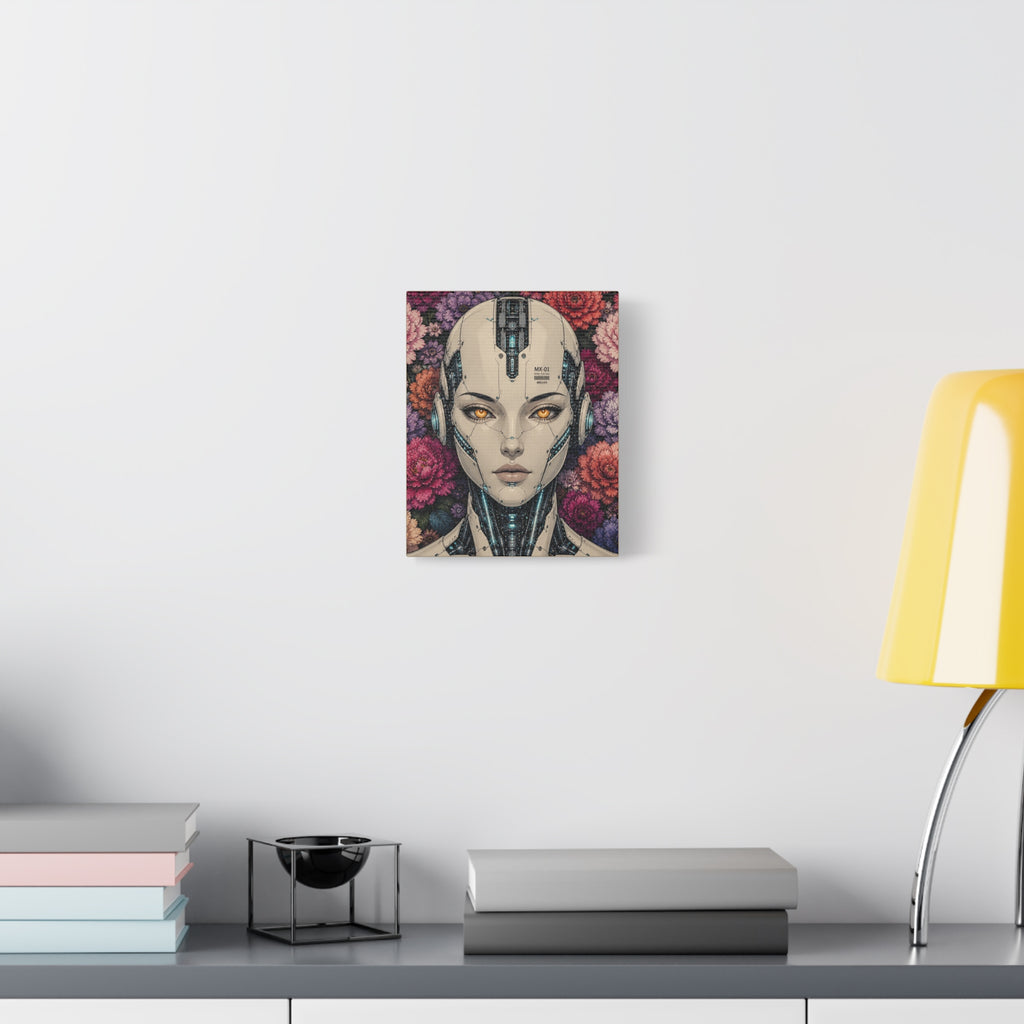 Small square canvas print of a futuristic female android portrait with floral background and blue highlights.