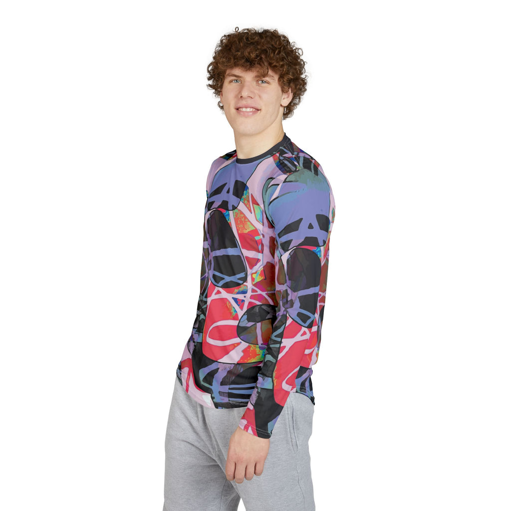 Men's UPF 50+ long-sleeve rash guard shirt, side view, colorful abstract graffiti
