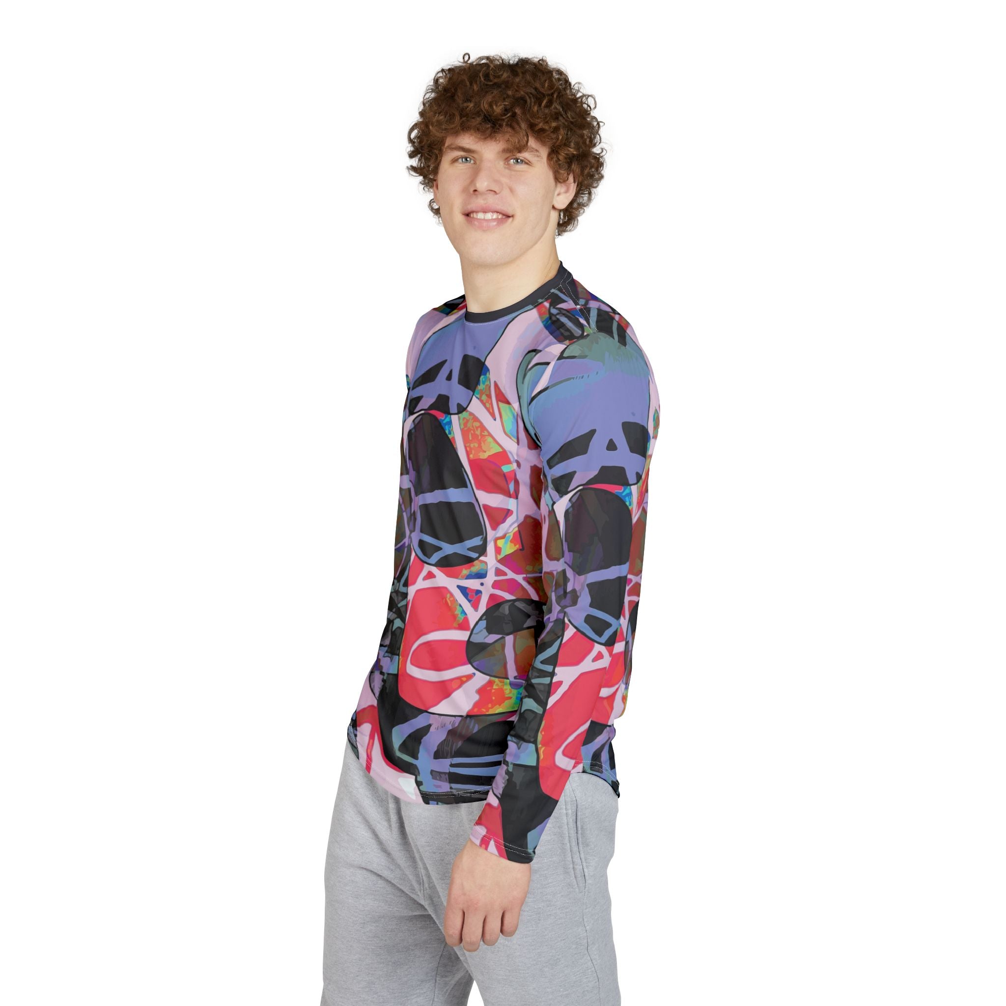 Men's UPF 50+ long-sleeve rash guard shirt, side view, colorful abstract graffiti