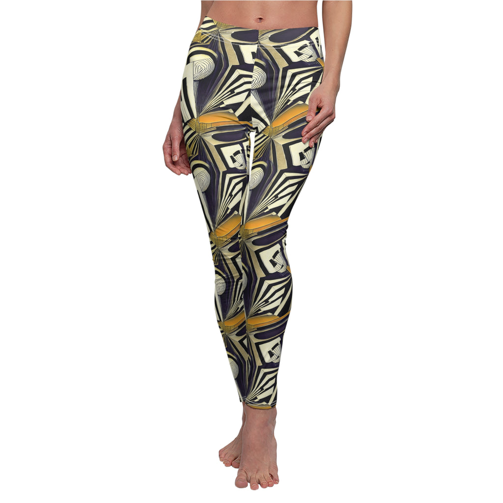 Women's leggings full side view with abstract geometric print in yellow and black.