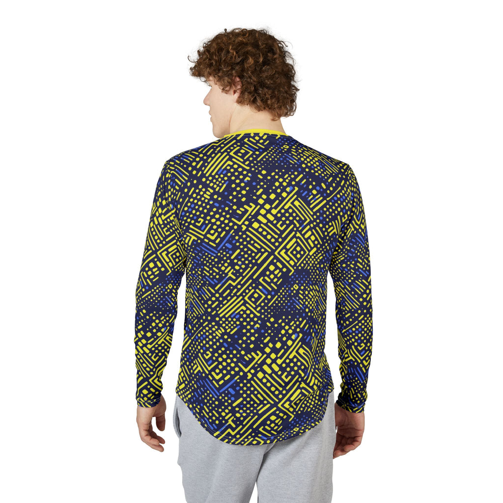 Men's UV Long Sleeve Shirt – "UPF 50+"Geometric Neon Blue & Yellow All-Over Print