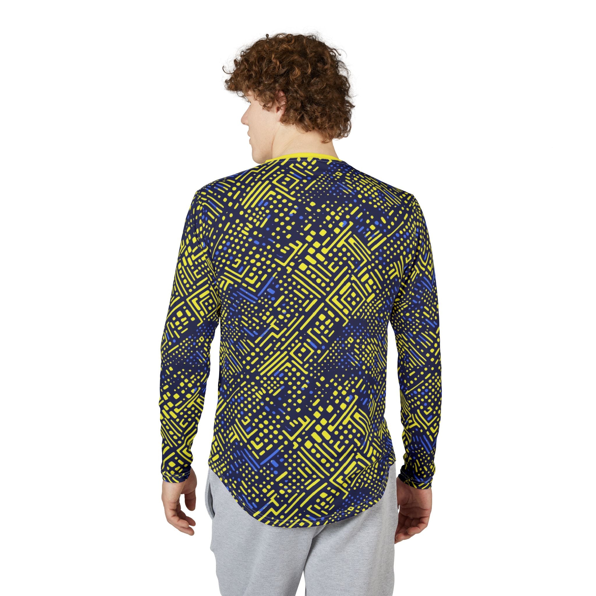 Men's UV Long Sleeve Shirt – "UPF 50+"Geometric Neon Blue & Yellow All-Over Print