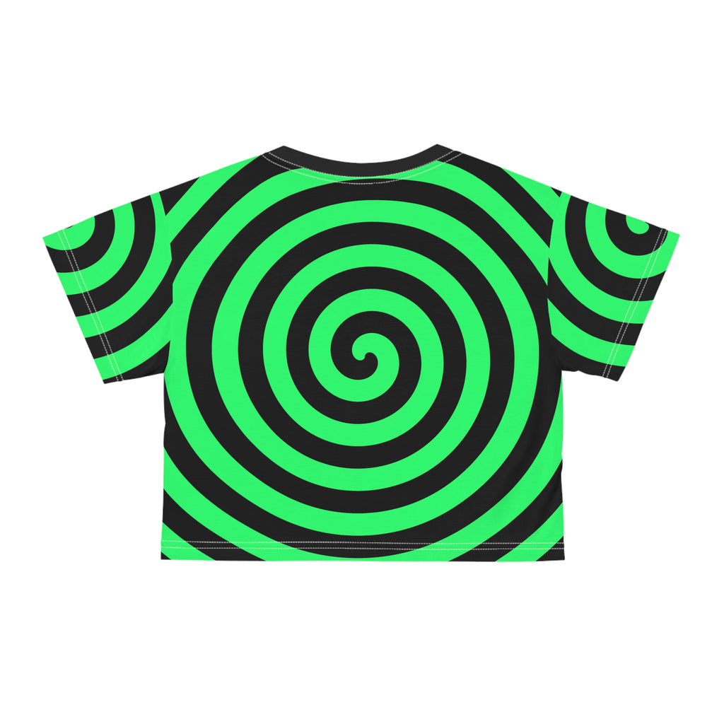 Neon Spiral Crop Tee — Green Hypnotic Swirl All-Over Print