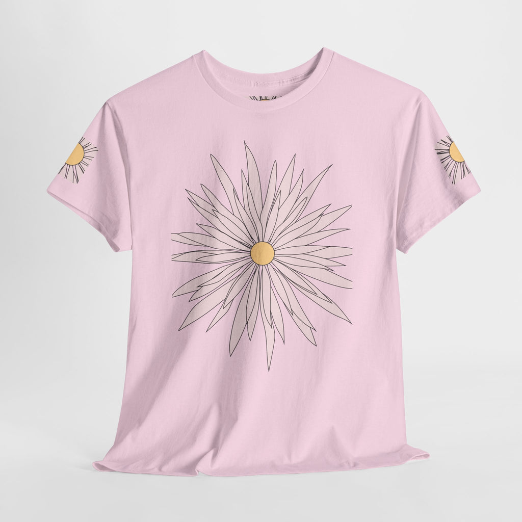 Light pink graphic tee with large daisy flower print on front and small daisy graphics on sleeves.