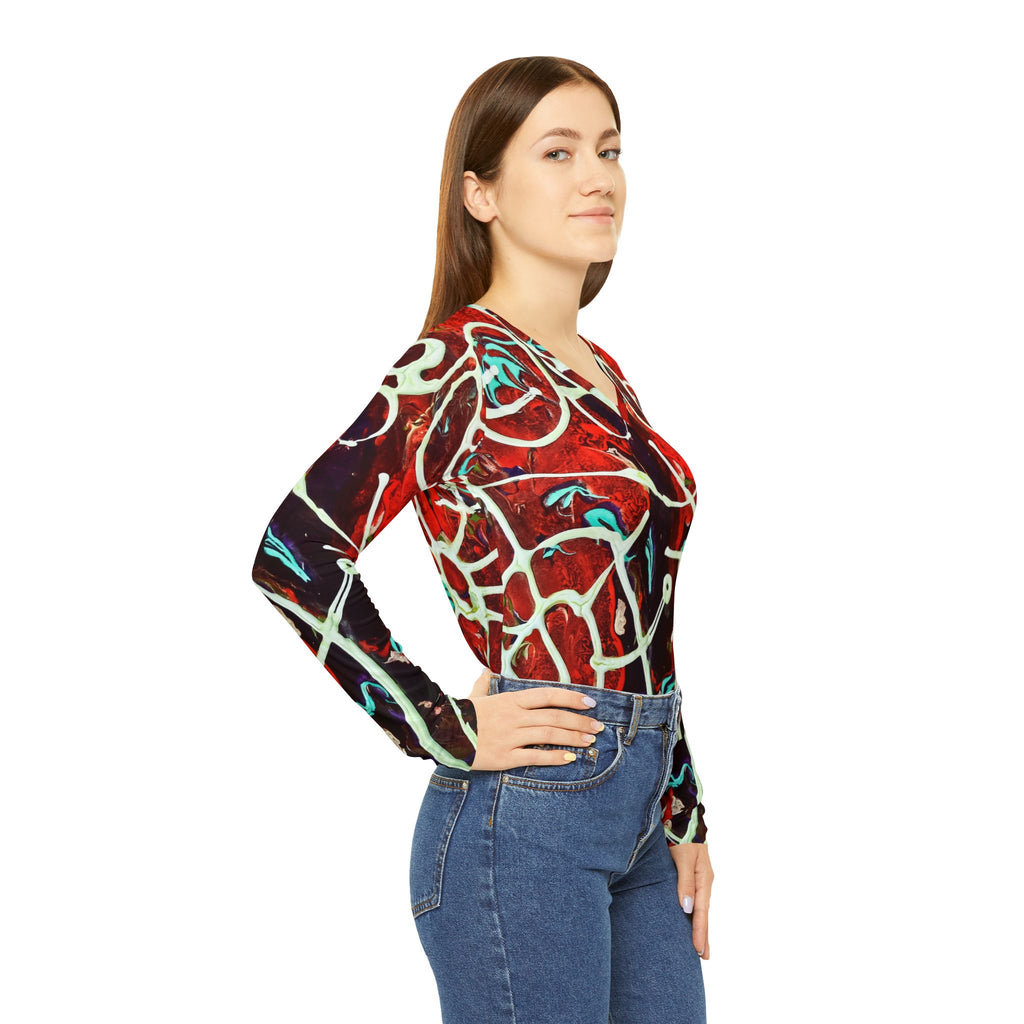 Women's V-neck long-sleeve shirt back view, red/white/teal abstract all-over print