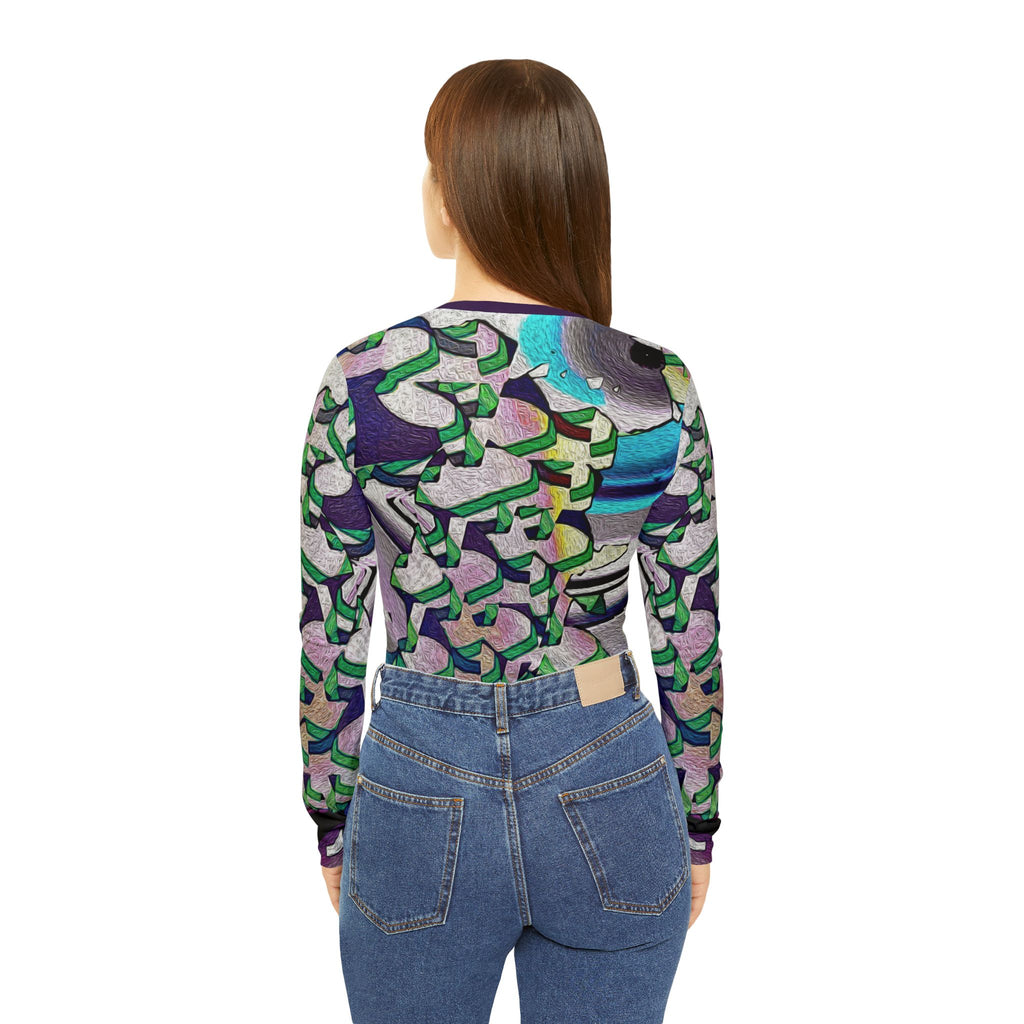 Women's long-sleeve V-neck shirt back view on model with abstract print in purple, green, blue
