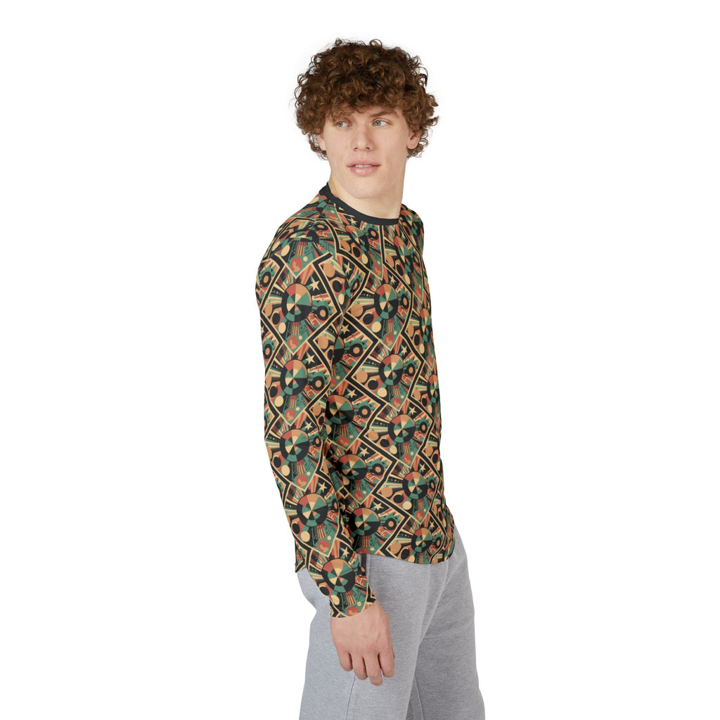 Men's long-sleeve crewneck shirt in retro geometric print, side view, green and orange
