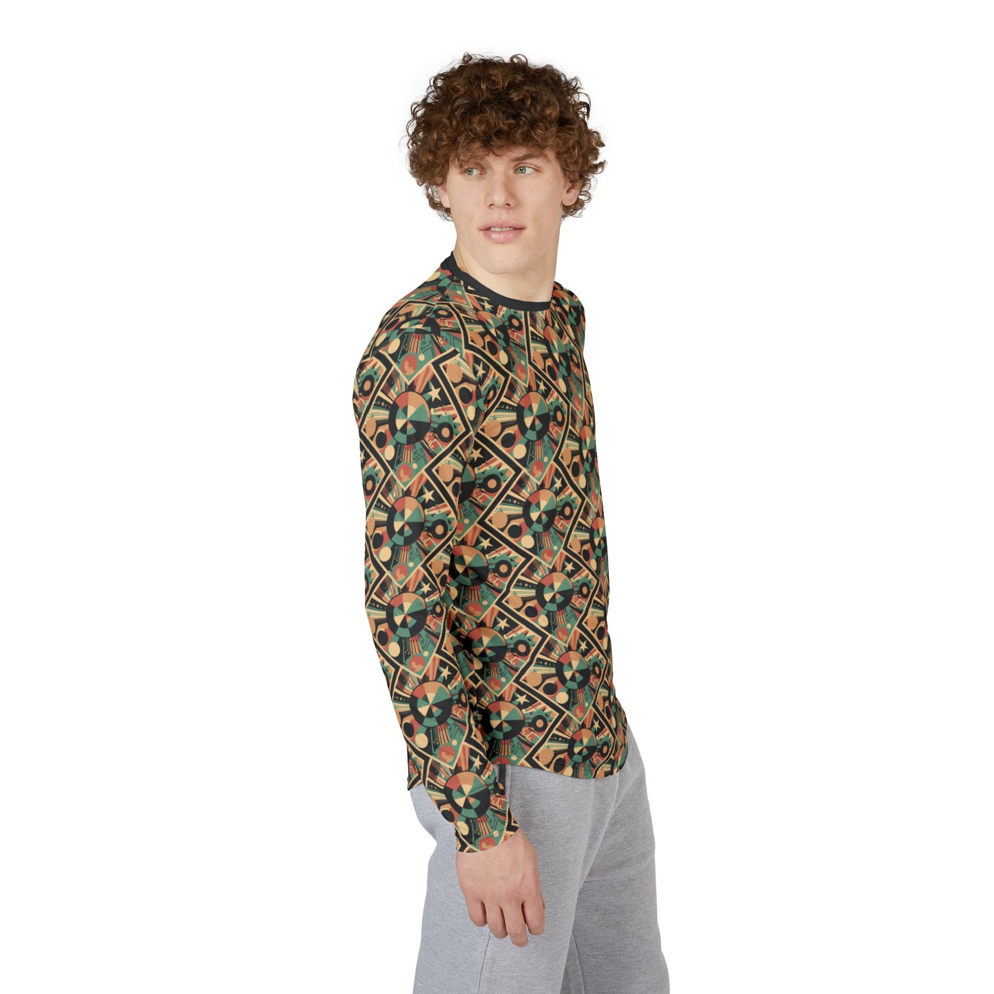 Men's long-sleeve crewneck shirt in retro geometric print, side view, green and orange