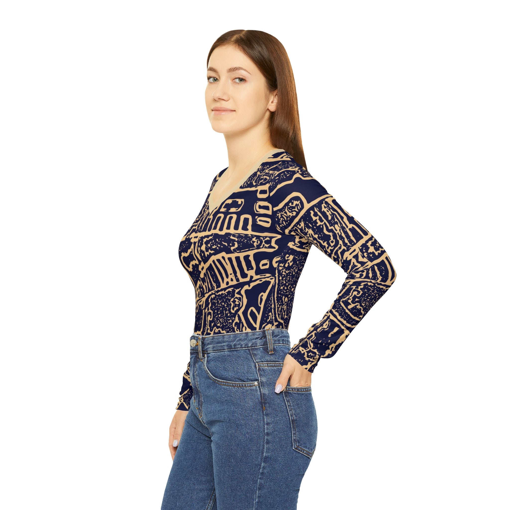 Side view of women’s navy V-neck long-sleeve patterned top with beige abstract design