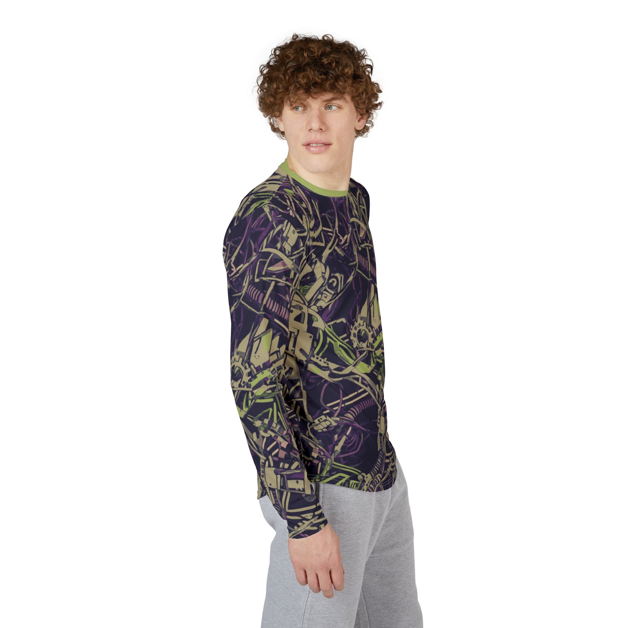 Men's long sleeve UV shirt, profile view in dark navy with green and tan mechanical camo print