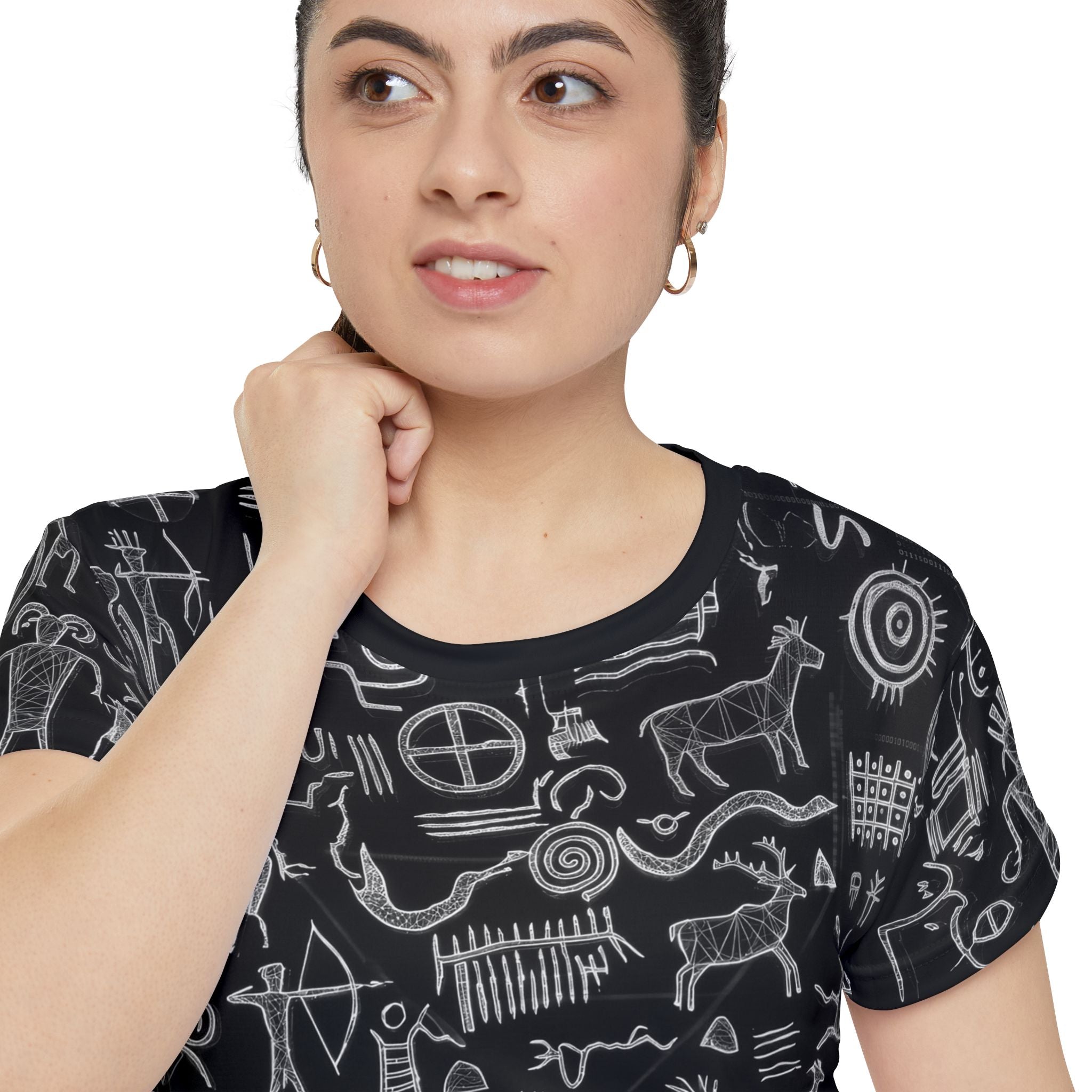 Women’s black graphic tee with chalk petroglyph pattern and crew neck