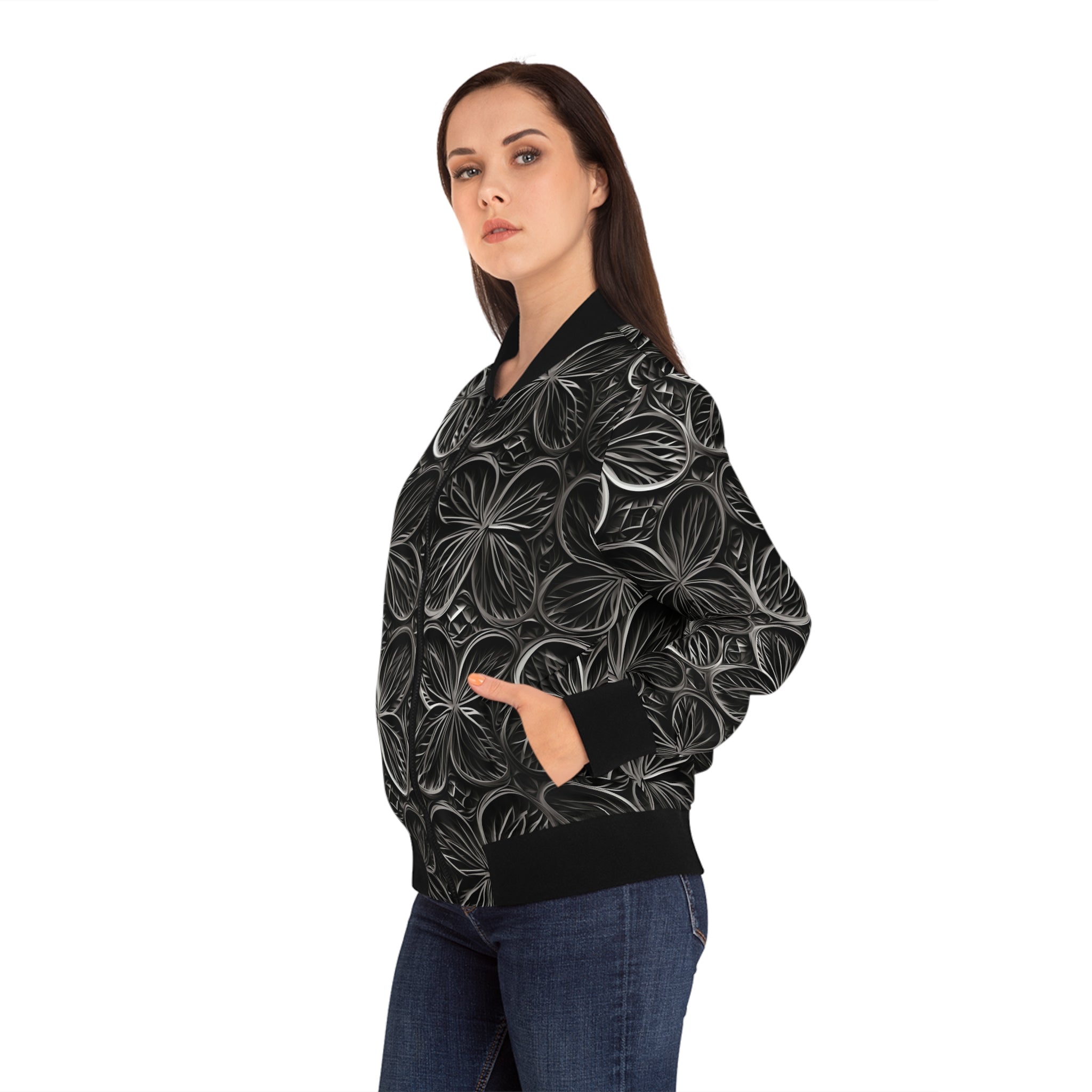 Women's bomber jacket with black monochrome petal print, raised collar, sleeve detail