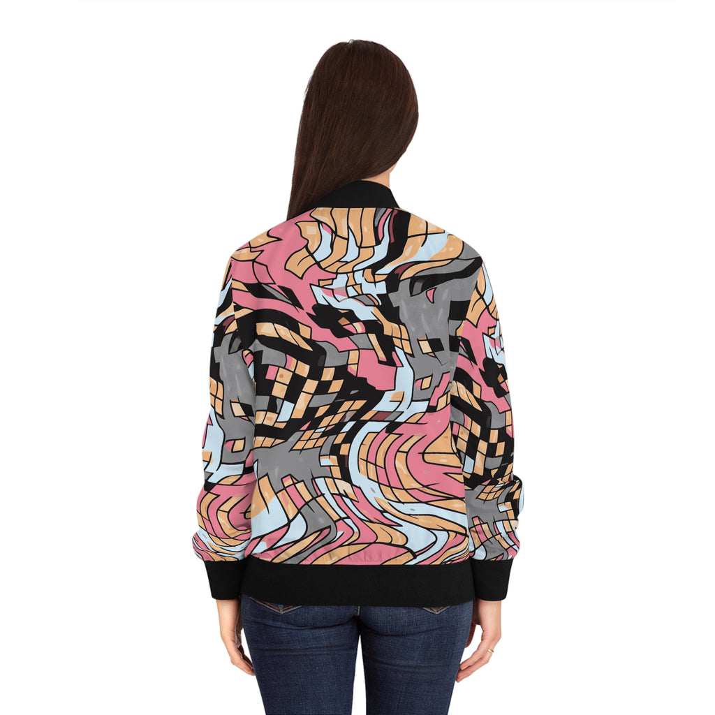 Women’s bomber jacket back view with abstract wave print and black ribbed hem and cuffs