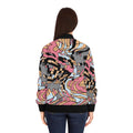 Women’s bomber jacket back view with abstract wave print and black ribbed hem and cuffs