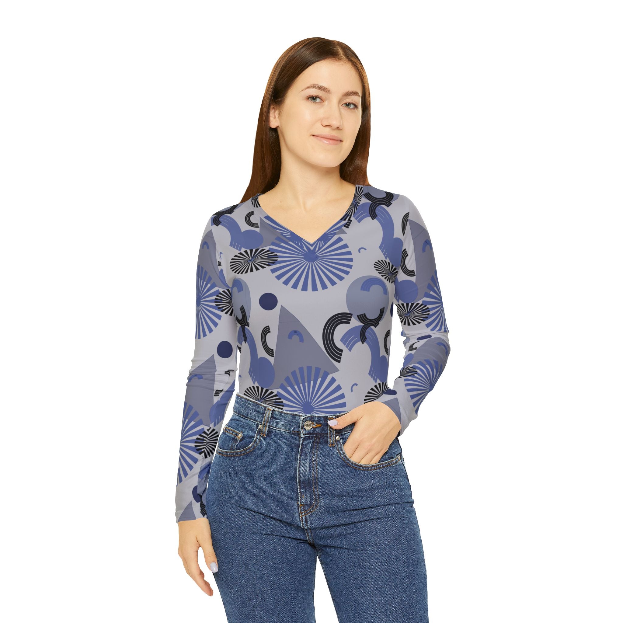 Blue Geometric V-Neck Long Sleeve — Women's Patterned Top
