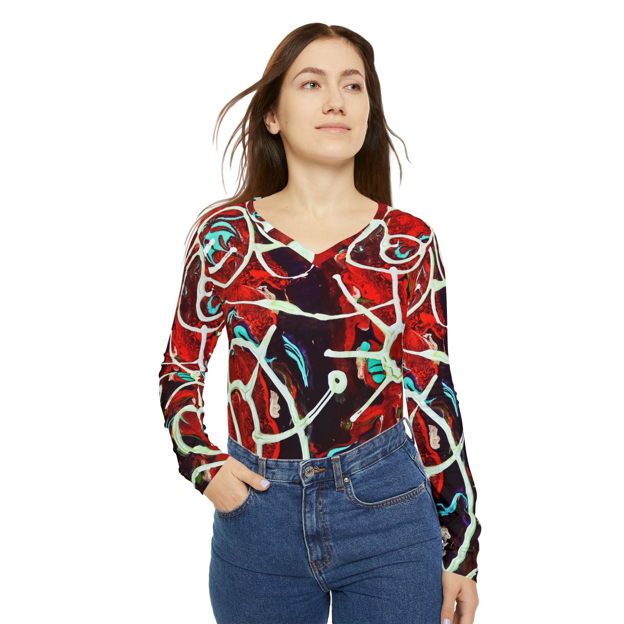Women's V-neck long-sleeve shirt on model, red/white/teal abstract all-over print