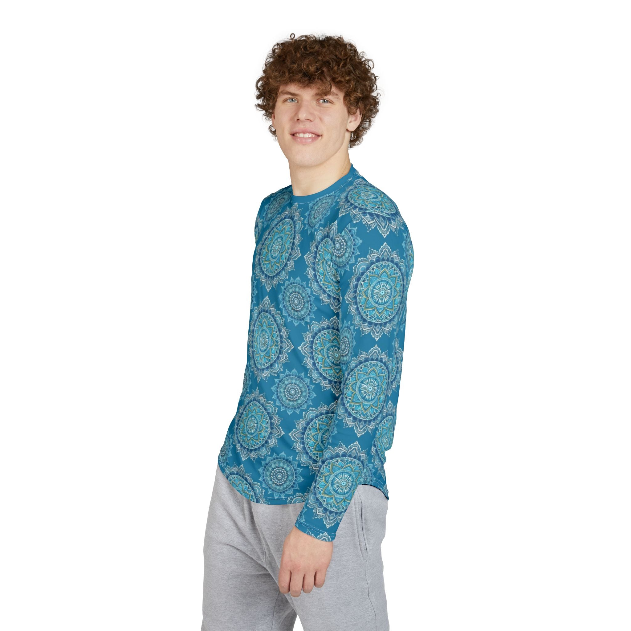 Men's UV Long Sleeve Shirt —  "UPF 50+" Teal Mandala Sun Protection Top