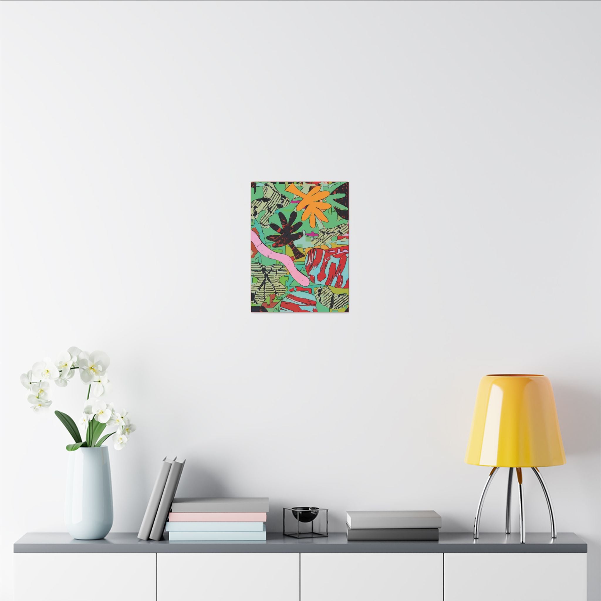 Square colorful botanical abstract canvas print, vivid green and orange flower-like accents