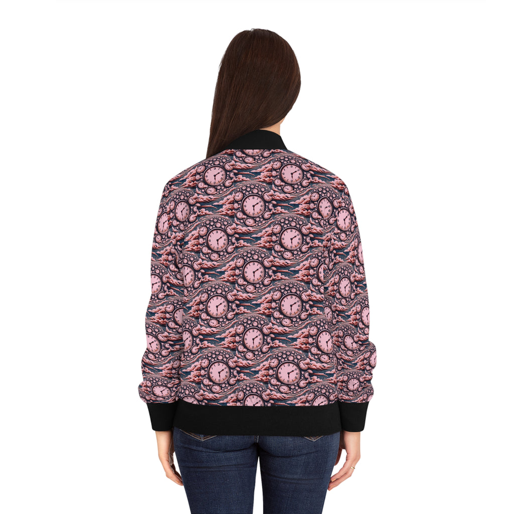 Women’s bomber jacket back view on model with pink clock-pattern and black ribbed trim