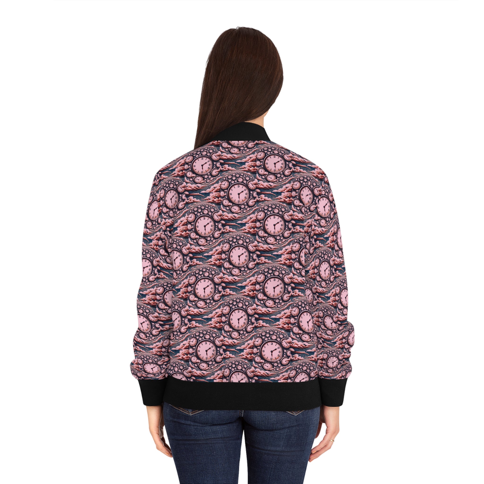 Women’s bomber jacket back view on model with pink clock-pattern and black ribbed trim