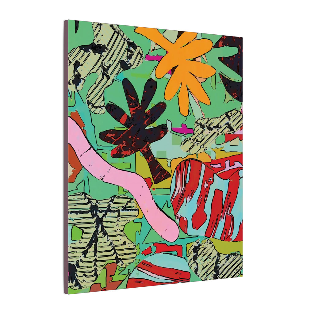 Close-up botanical abstract canvas print with orange flower, green backdrop, and red accent streaks