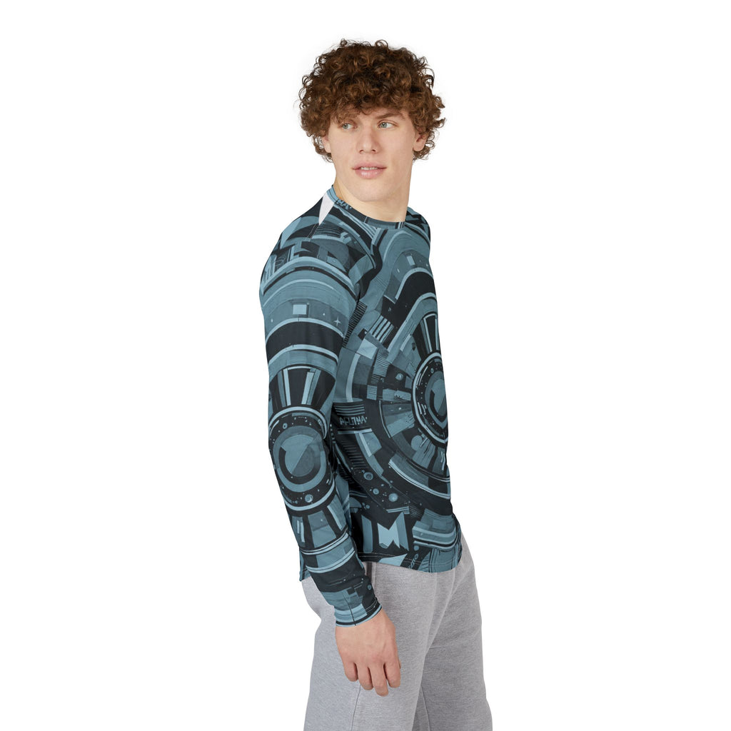 Men's long-sleeve UV protection shirt, three-quarter view teal tech graphic