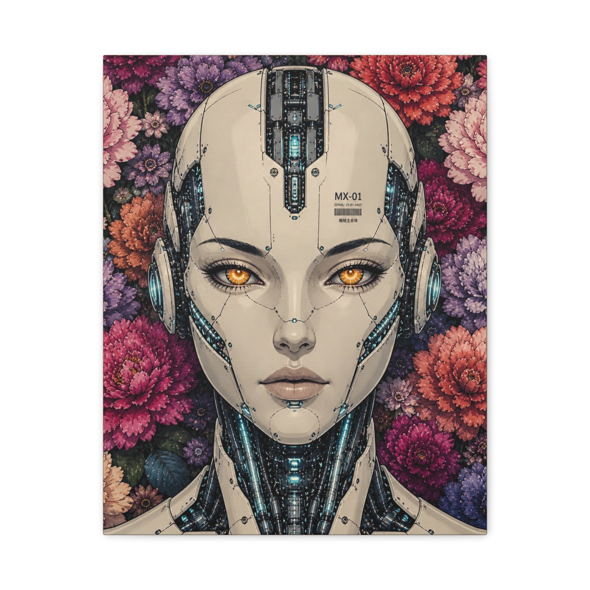 Square canvas print of a female android head with facial circuitry lines and blue glow accents.