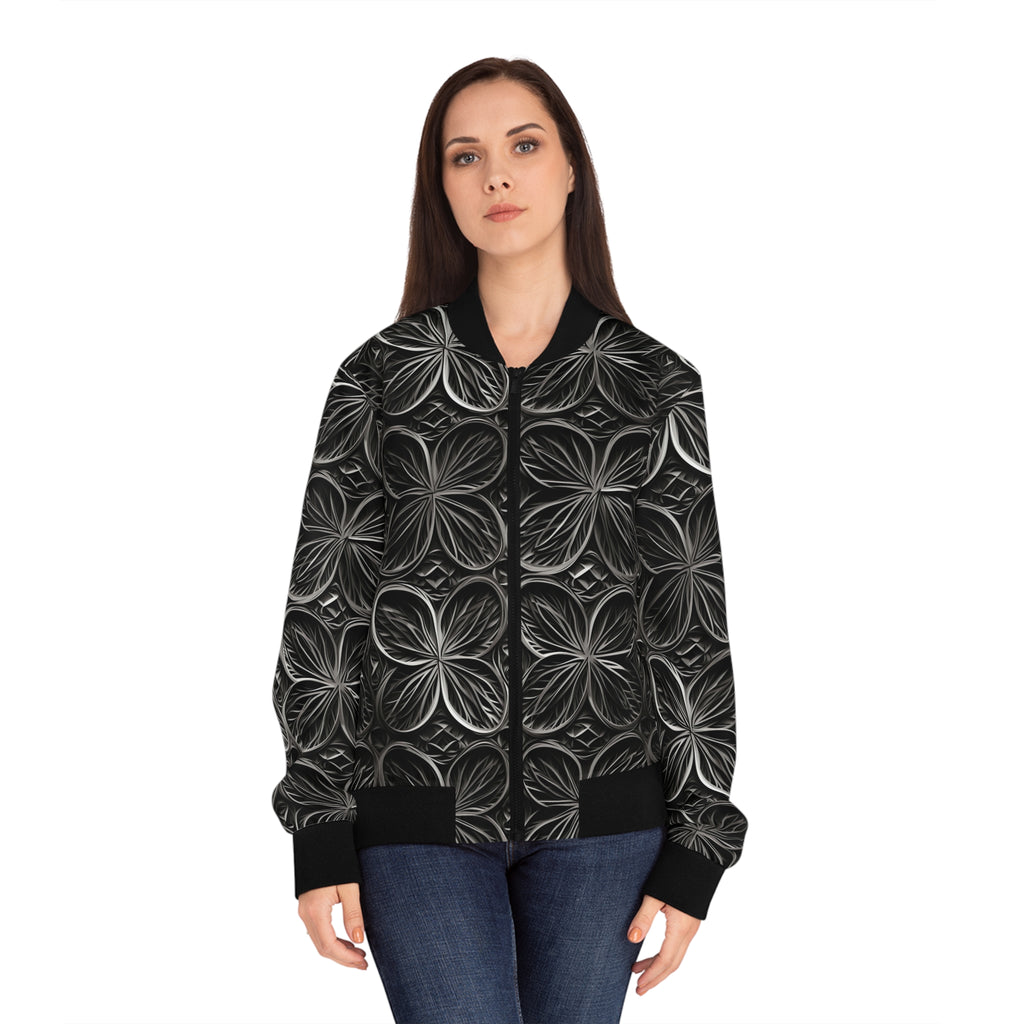 Floral Mosaic Women's Bomber Jacket — Monochrome Textured Petal Print
