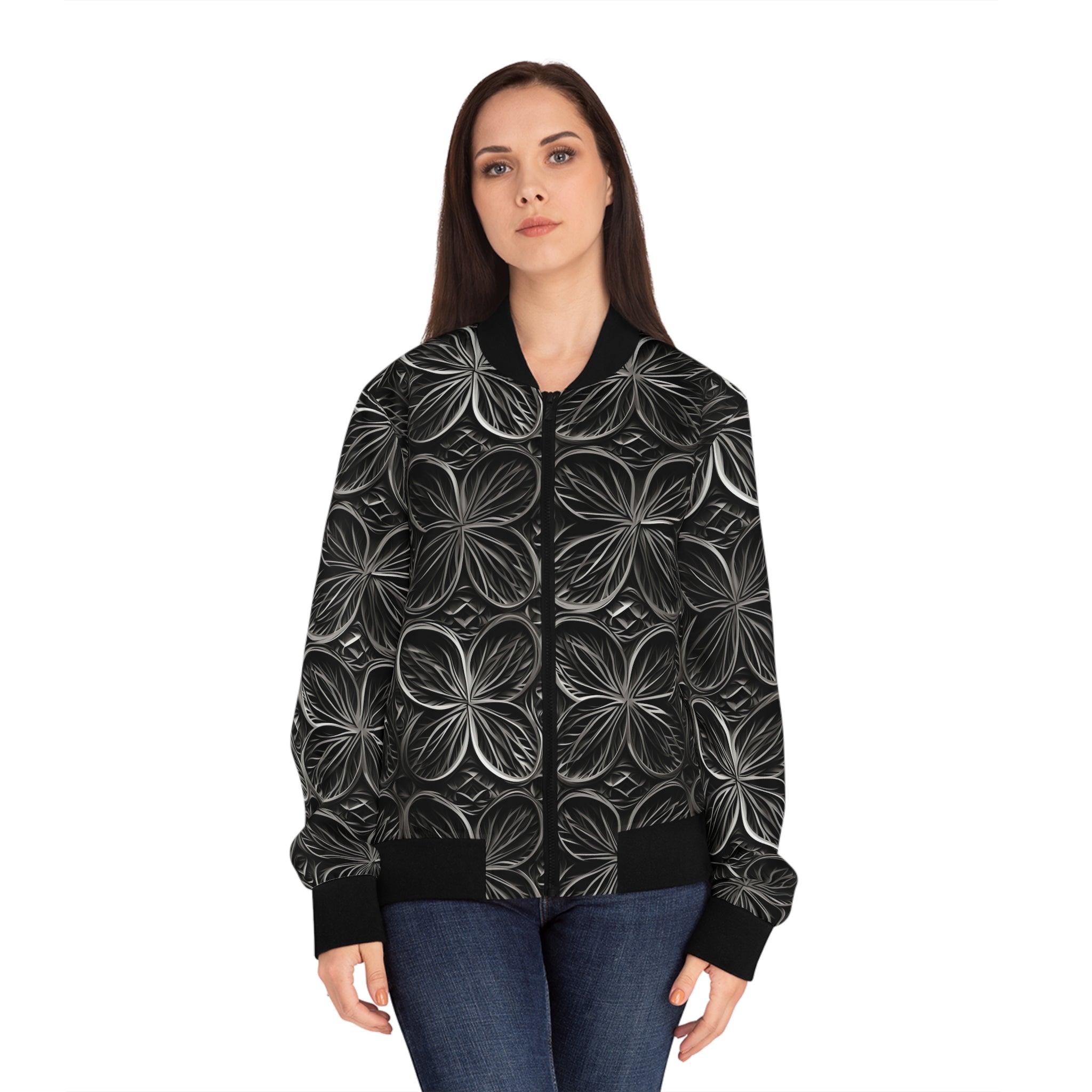 Floral Mosaic Women's Bomber Jacket — Monochrome Textured Petal Print