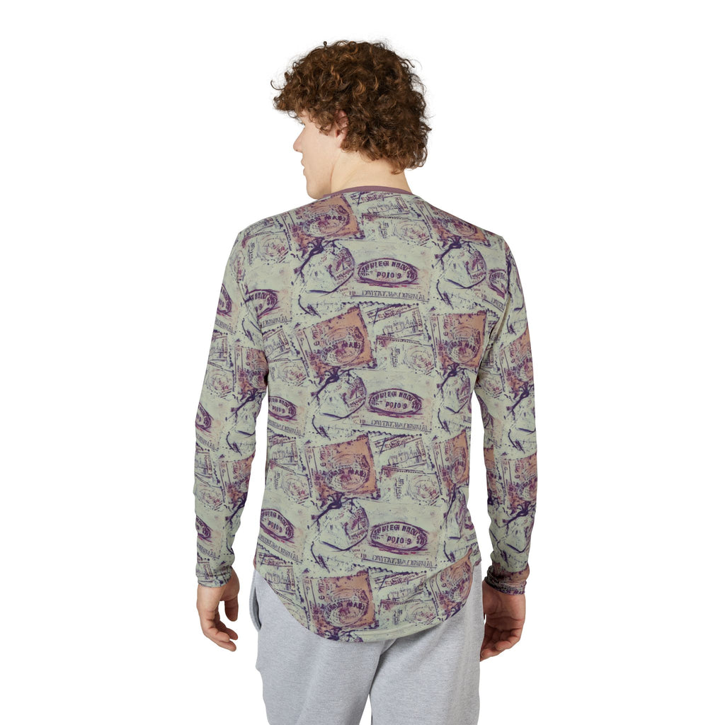 Men's UV Long Sleeve Shirt — "UPF 50+" Vintage Travel Stamp All-Over Print
