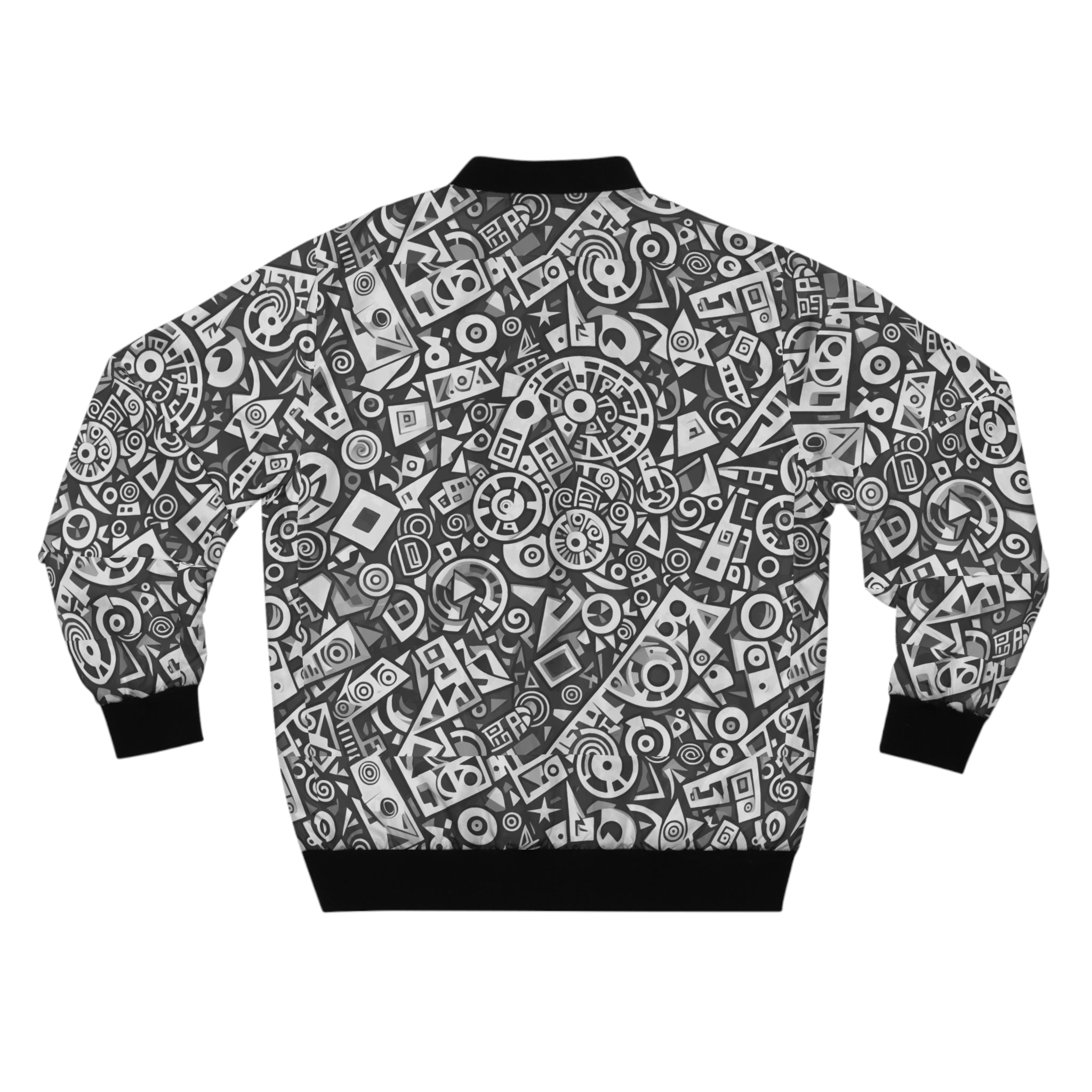Abstract Monochrome Pattern Bomber Jacket — Geometric Doodle AOP