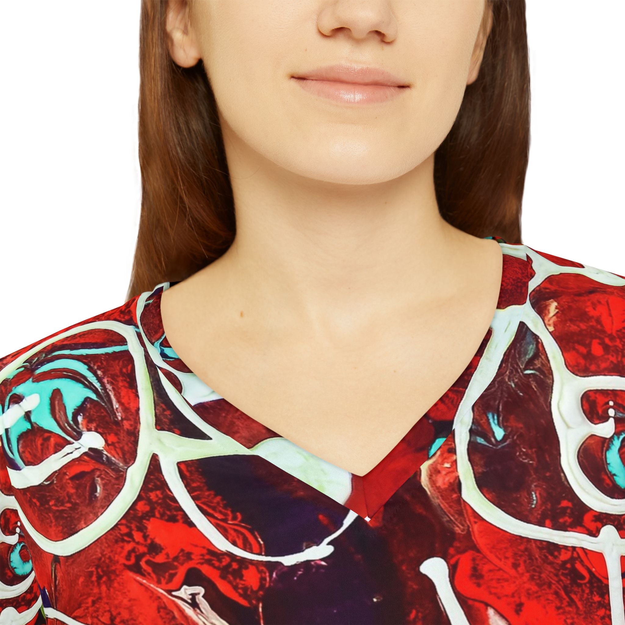 V-neck collar of women's long-sleeve shirt, red/white/teal abstract all-over print