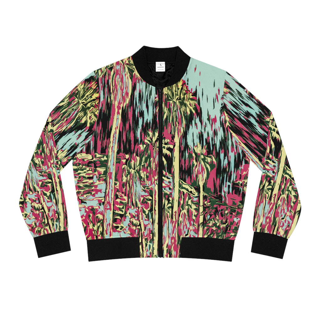 Abstract Palm Print Bomber Jacket — Pink Teal All-Over Women’s Outerwear