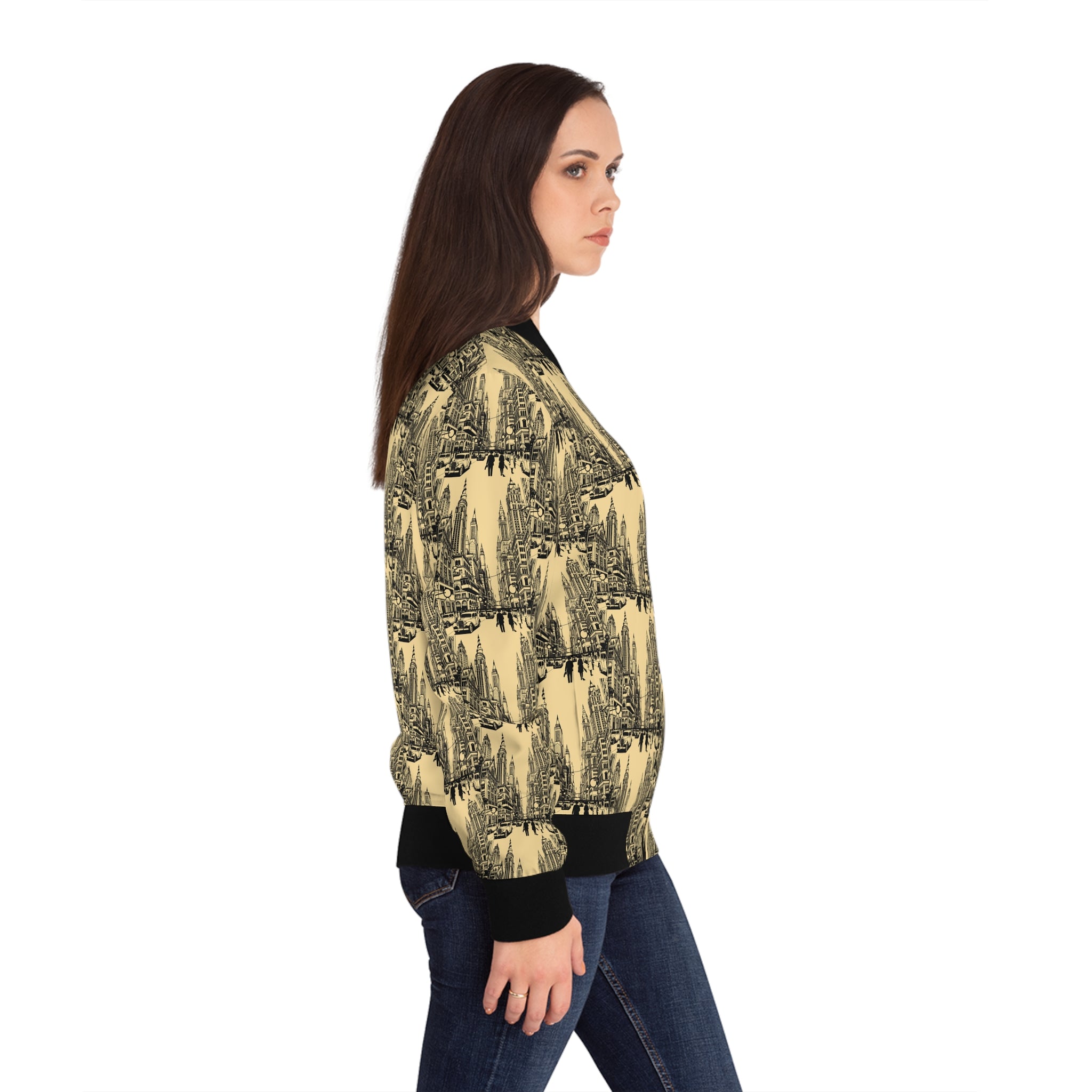 Women’s bomber jacket, side profile, yellow-gold and black all-over sketch print with ribbed cuffs