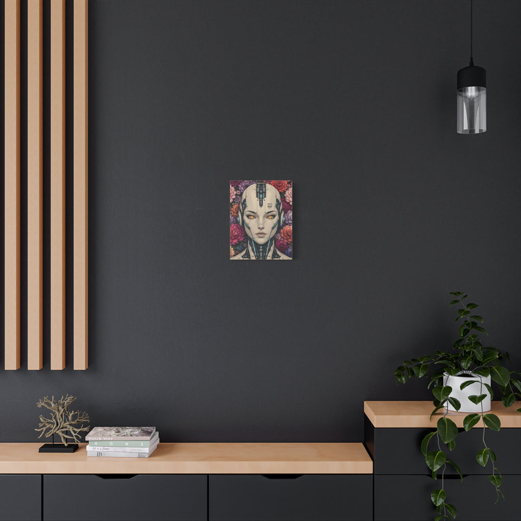 Small square canvas print of a futuristic android face with floral backdrop and yellow eyes.
