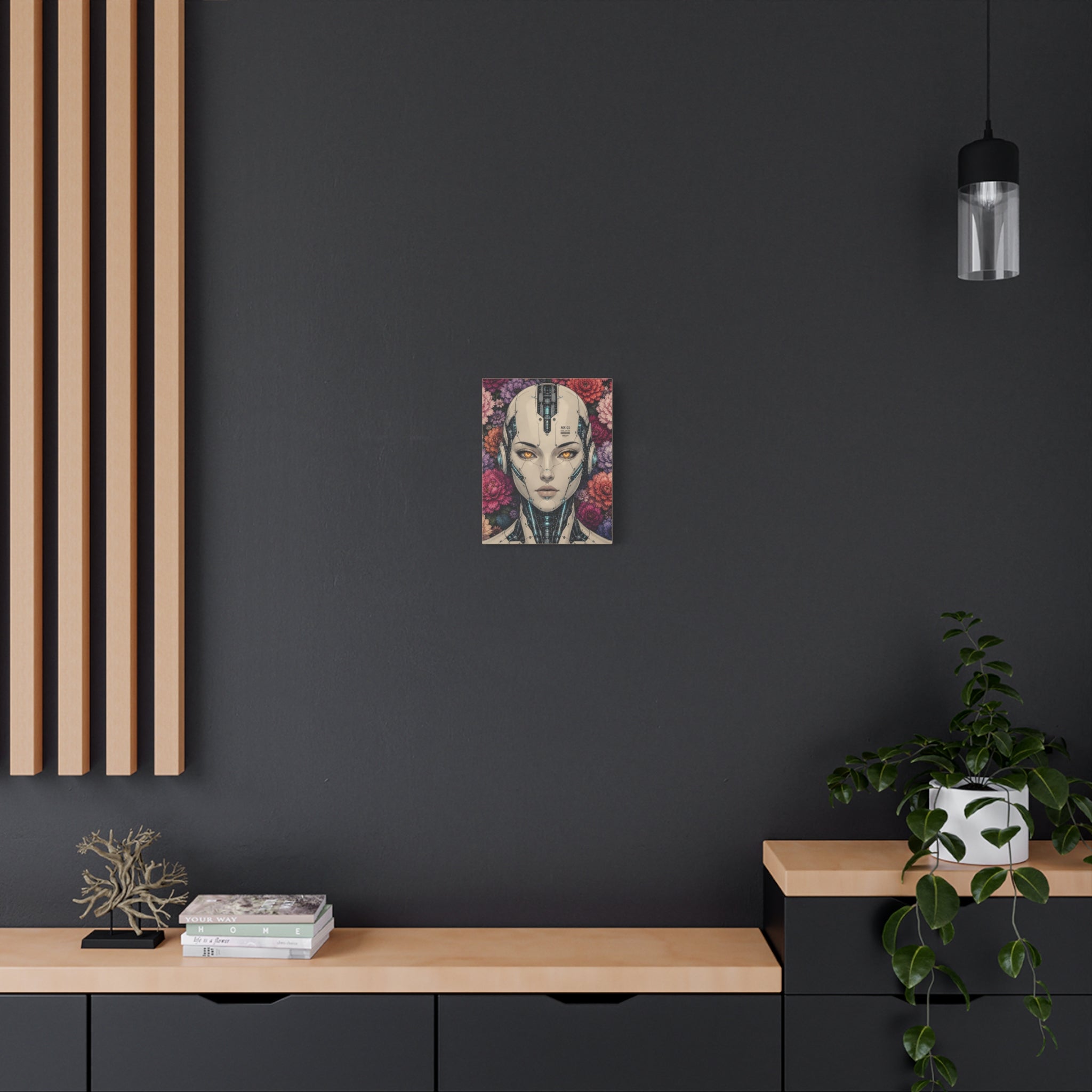 Small square canvas print of a futuristic android face with floral backdrop and yellow eyes.