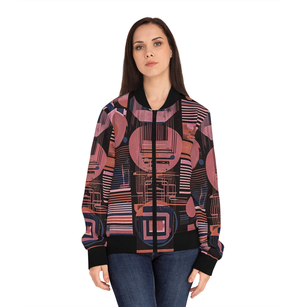 Pink and navy geometric bomber jacket on a model, black stand collar and ribbed cuffs