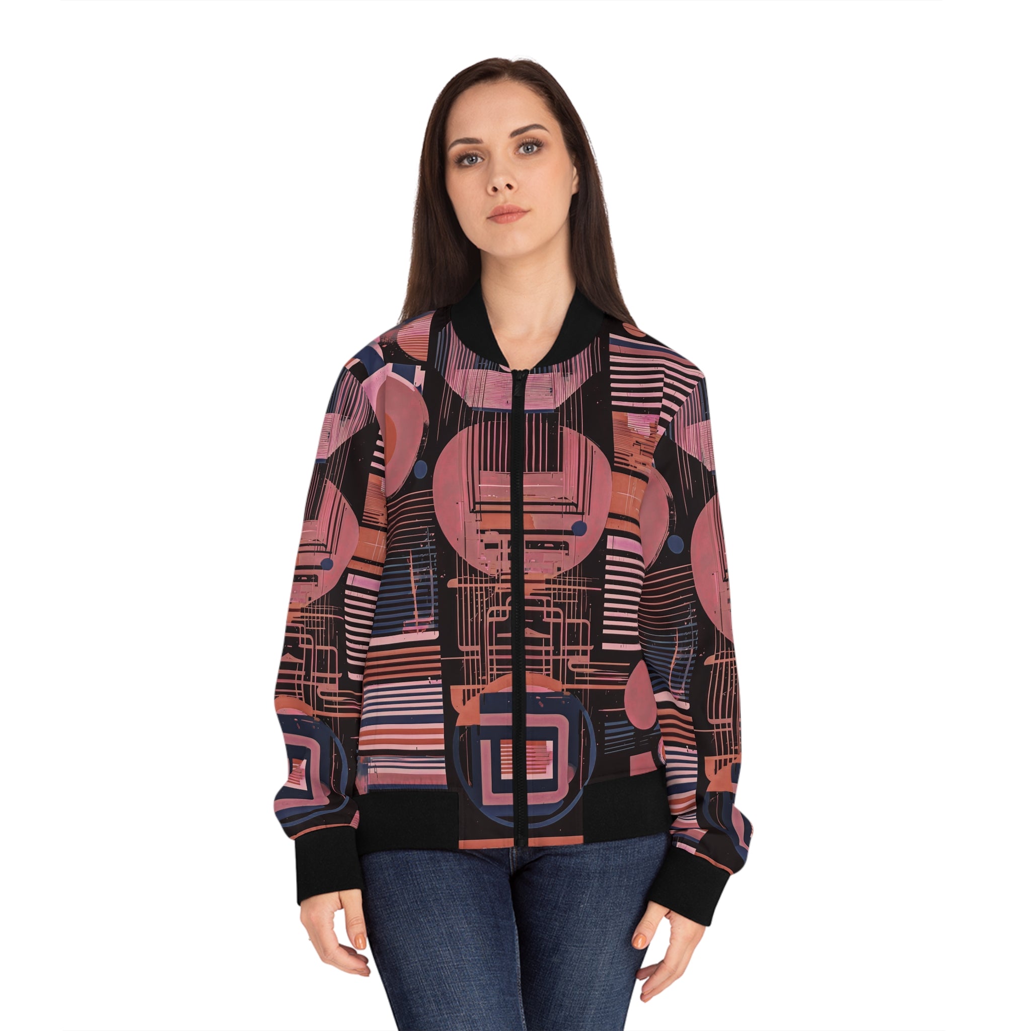 Pink and navy geometric bomber jacket on a model, black stand collar and ribbed cuffs