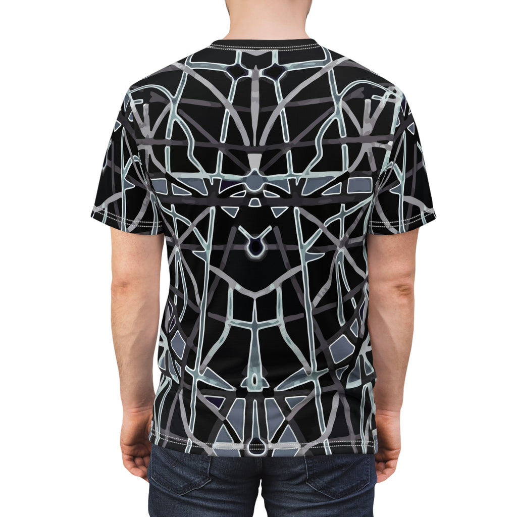 Back of crewneck short-sleeve tee with black and light-blue abstract web geometric print