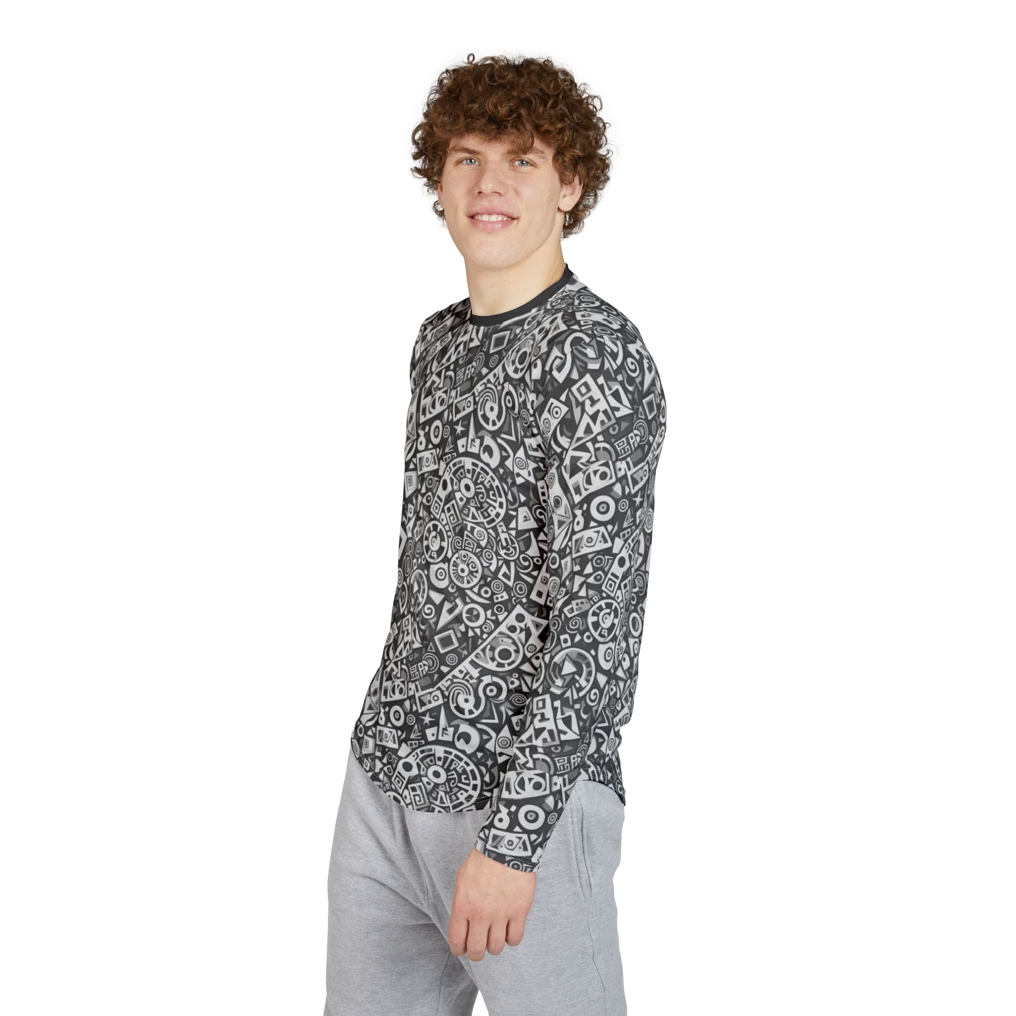 Men's long-sleeve UV shirt on model, side/front angle, black-and-white tech pattern